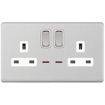 Selectric 5M-Plus Satin Chrome 2 Gang 13A DP Switched Socket with Neon and White Insert