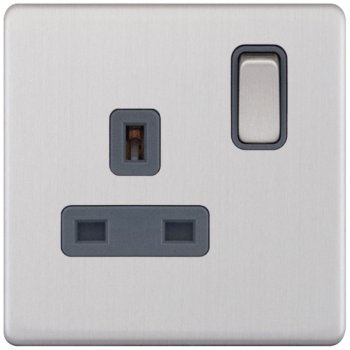 Selectric 5M-Plus Screwless Satin Chrome 1 Gang 13A DP Switched Socket with Grey Insert