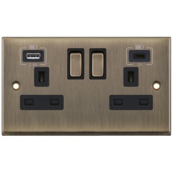 Selectric 7M-Pro Antique Brass 2 Gang 13A Switched Socket with USB C and A Outlets - Black Insert