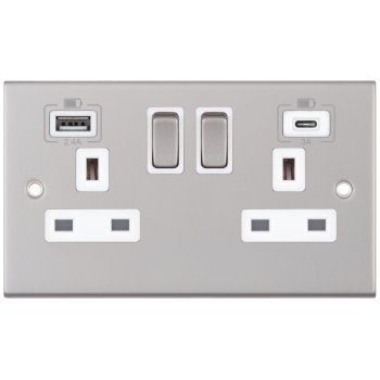 Selectric 5M Satin Chrome 2 Gang 13A Switched Socket with USB C and A Outlets - White Insert