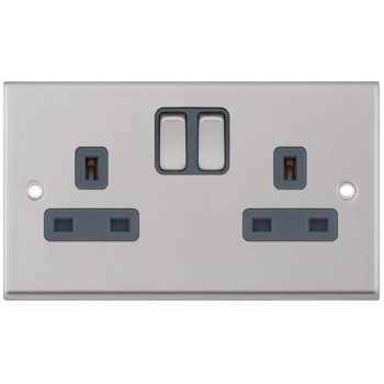 Selectric 7M-Pro Satin Chrome 2 Gang 13A Switched Socket with Grey Insert