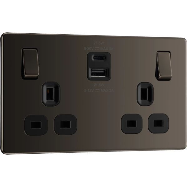 BG Nexus FBN22UAC22B Screwless Flat Plate Black Nickel 13A 2G Switched Socket + USB