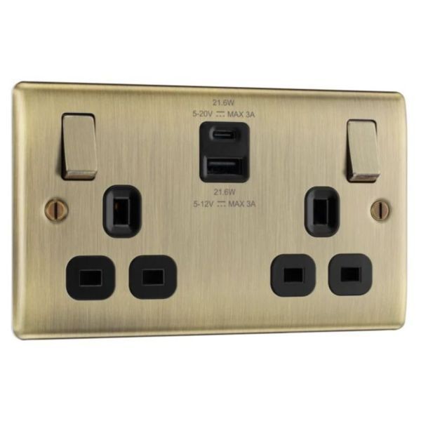 BG Nexus NAB22UAC22B Metal Antique Brass 2 Gang Switched Socket & Twin USB