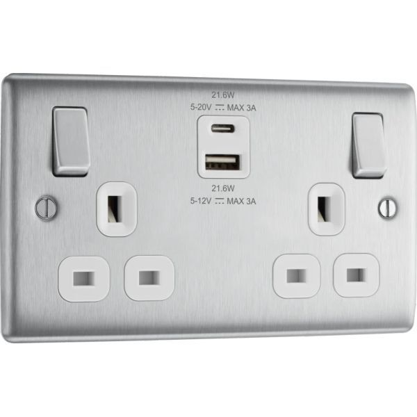 BG Nexus NBS22UAC22W Brushed Steel 2 Gang Switch Socket With USB Ports