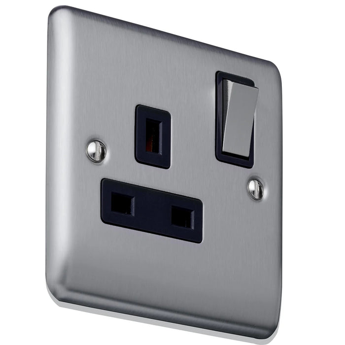 Caradok 1G 13A DP Switched Socket Brushed Chrome Black Insert