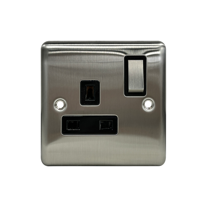 Caradok 1G 13A DP Switched Socket Brushed Chrome Black Insert