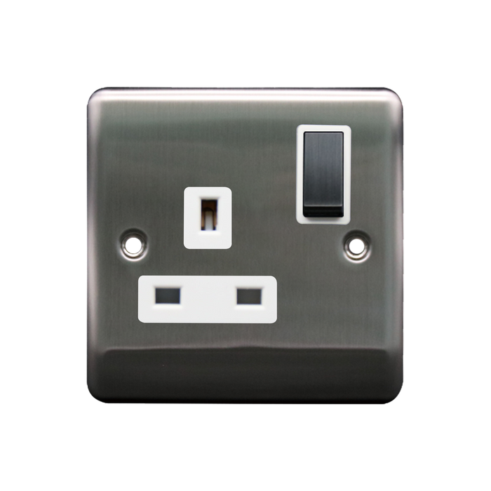 Caradok 1G 13A DP Switched Socket Brushed Chrome White Insert