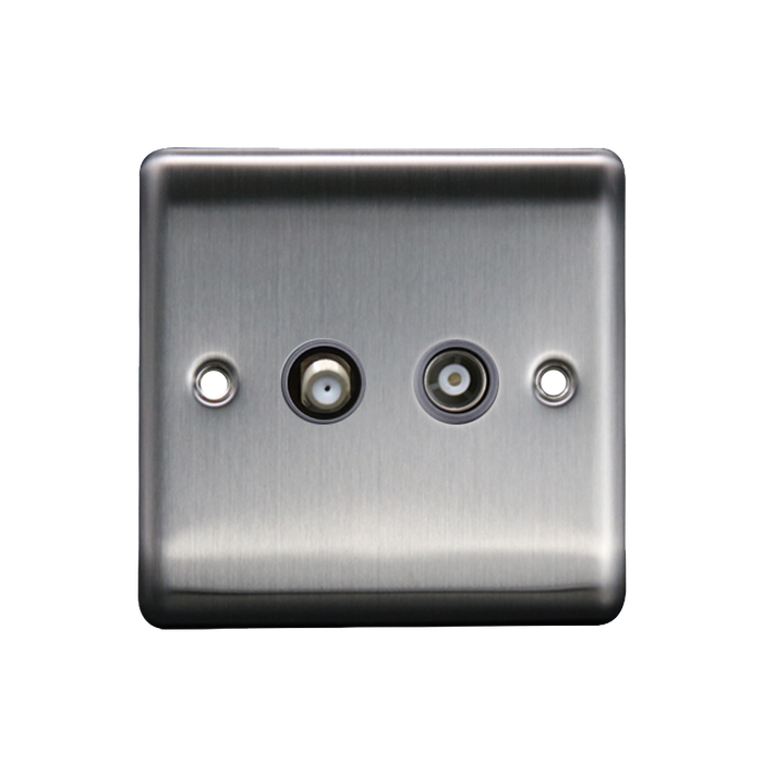 Caradok Satellite Socket + Coax Socket Brushed Chrome Grey Insert