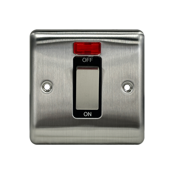 Caradok 1G 45A DP Switch c/w Neon Brushed Chrome Black Insert