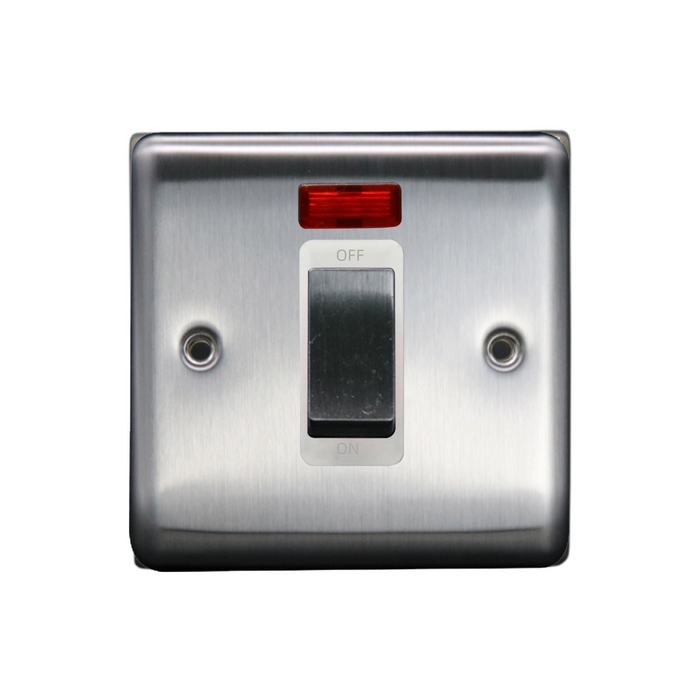 Caradok 1G 45A DP Switch c/w Neon Brushed Chrome White Insert