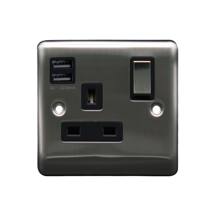 Caradok 1G 13A Switched Socket 2 USB A 2.1A Brushed Black Insert