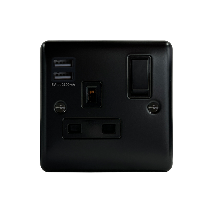 Caradok 1G 13A Switched Socket 2 USB A Matt Black