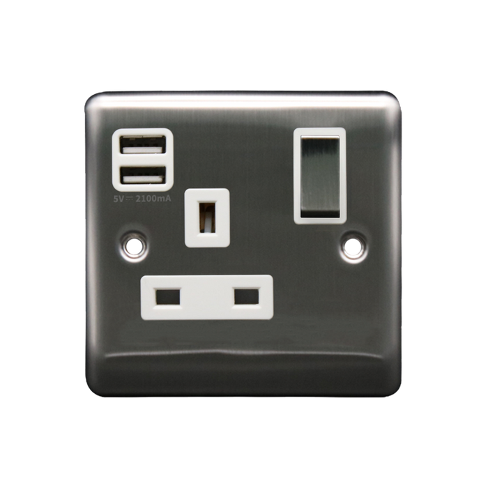 Caradok 1G 13A Switched Socket 2 USB A 2.1A Brushed Chrome White Insert