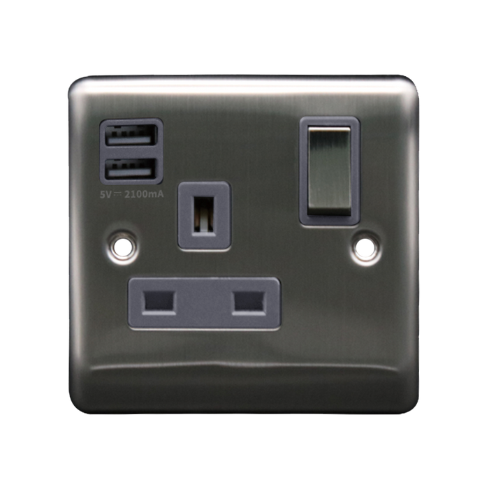 Caradok 1G 13A Switched Socket 2 USB A 2.1A Brushed Chrome Grey Insert