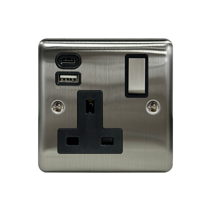 Caradok 1G 13A Switched Socket USB A + C Brushed Chrome Black Insert