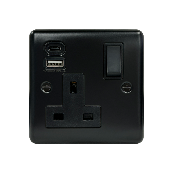 Caradok 1G 13A Switched Socket USB + TYPE C Matt Black