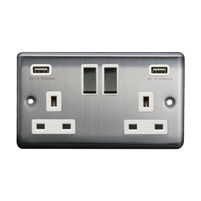 Caradok 2G 13A Switched Socket 2 USB A 3.1A Brushed Chrome White Insert