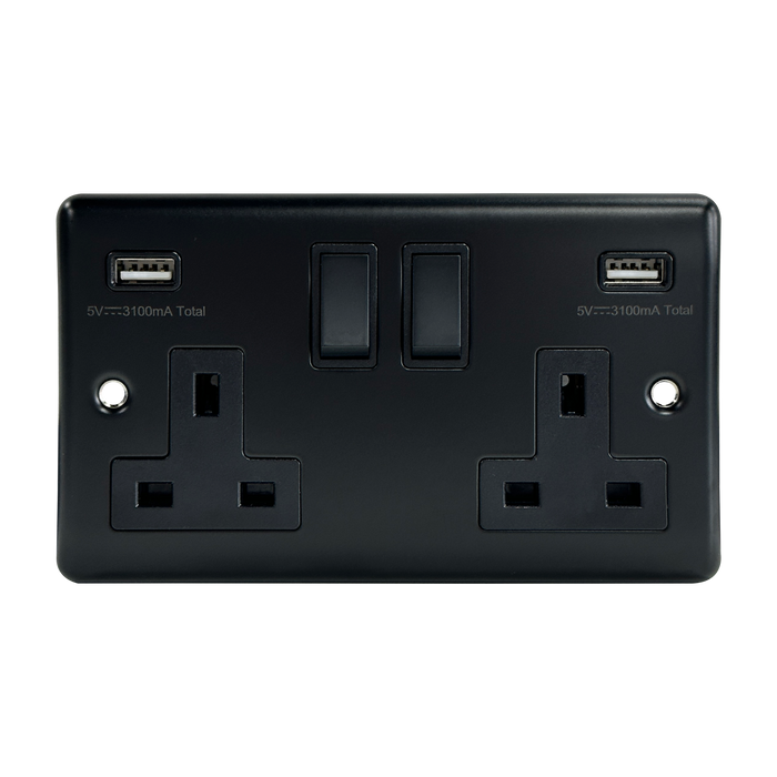 Caradok 2G 13A SP Sw Socket + 2 USB Outlets, 3.1A Total Output Matt Black