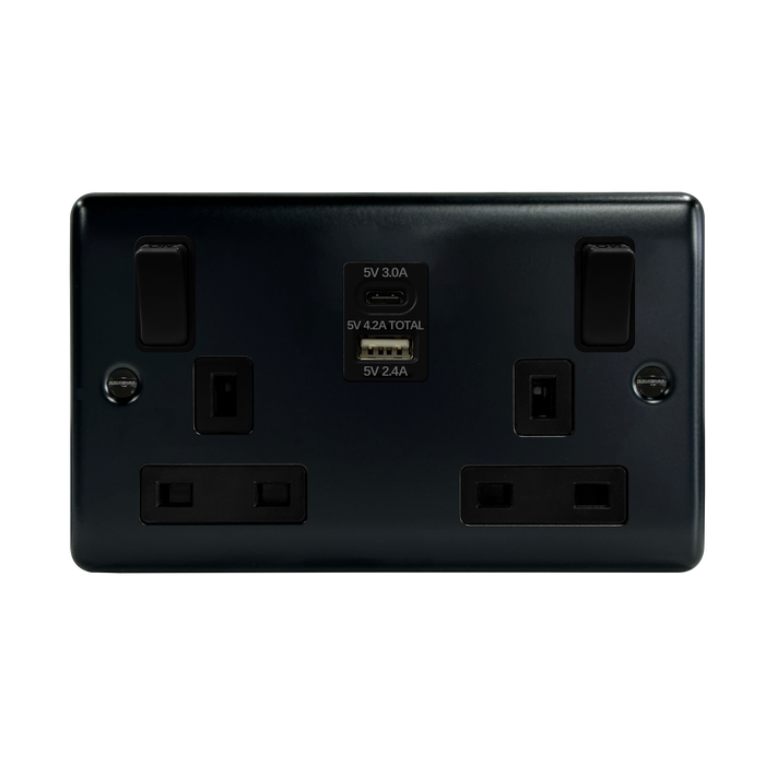 Caradok 2G 13A Switched Socket USB A + C Matt Black (Outboard Rockers)