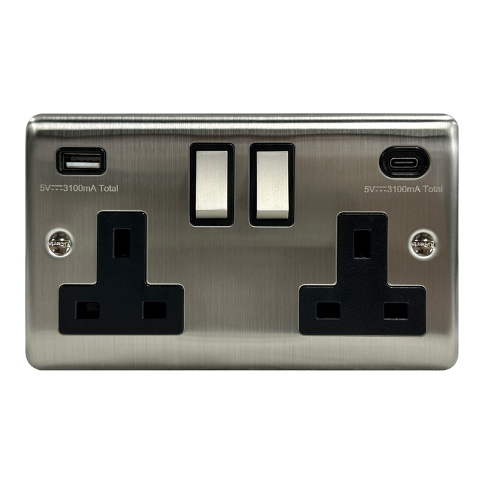 Caradok 2G 13A Switched Socket USB A + C Brushed Chrome Black Insert