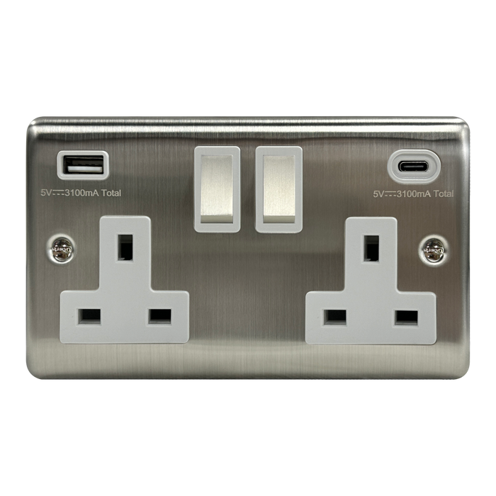 Caradok 2G 13A Switched Socket USB + TYPE C Brushed Chrome White Insert