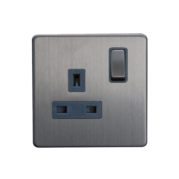 Caradok 13A 1G DP Switched Socket Brushed Chrome Grey Insert