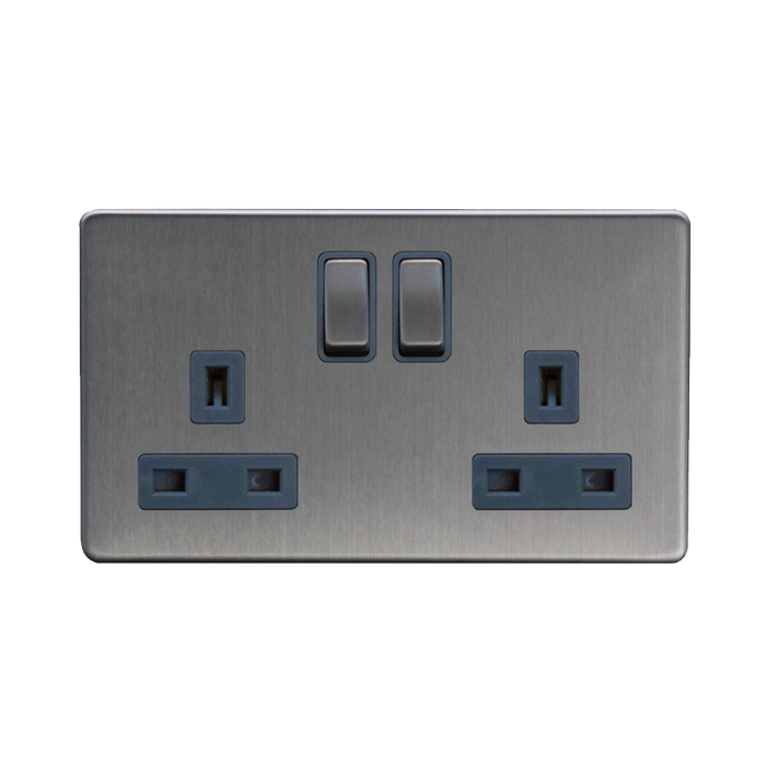 Caradok 13A 2G DP Switched Socket Brushed Chrome Grey Insert