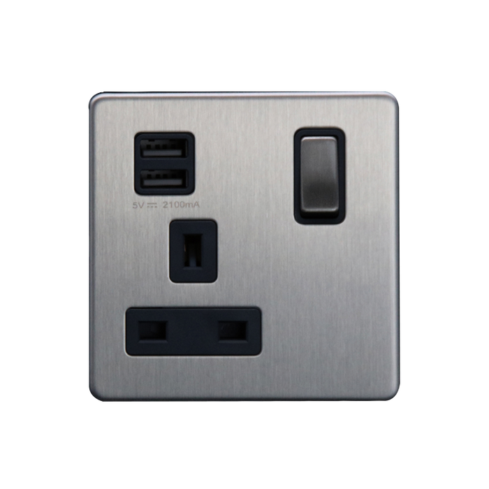 Caradok 1G 13A Switched Socket 2 USB A 2.1A Brushed Chrome Black