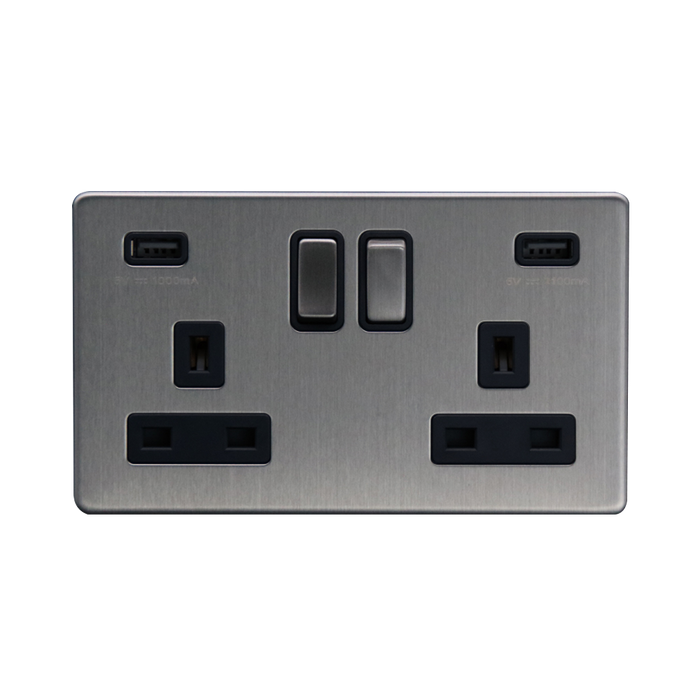 Caradok 2G 13A Switched Socket 2 USB A 3.1A Brushed Chrome Black