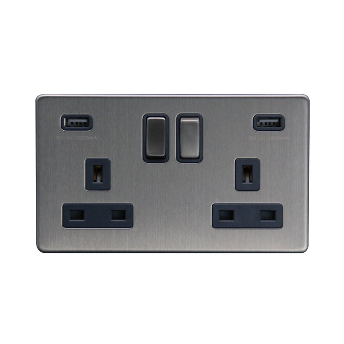 Caradok 2G 13A Switched Socket 2 USB A 3.1A Brushed Chrome Grey Insert