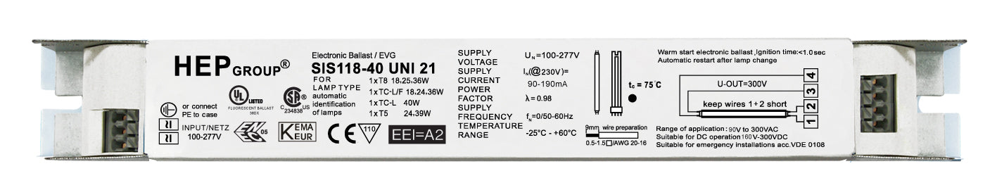 HEP HFL11840ME - Linear Multiwatt Ballast 1x18-40w for T5/TCL/T8 120-277v AC Electronic Ballasts HEP - Easy Control Gear