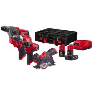 MILWAUKEE M12 FUEL PROMO POWERPACK - PERCUSSION DRILL - IMPACT DRIVER - SDS-PLUS HAMMER - CUT-OFF TOOL KIT - M12FPP4A-622P