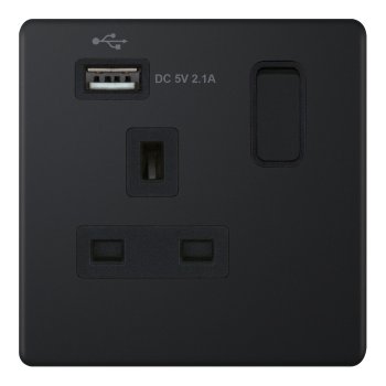 Selectric 5M-Plus Matt Black 1 Gang 13A Switched Socket with USB Outlet and Black Insert