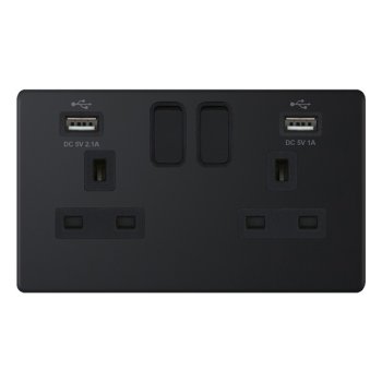 Selectric 5M-Plus Matt Black 2 Gang 13A Switched Socket with USB Outlet and Black Insert