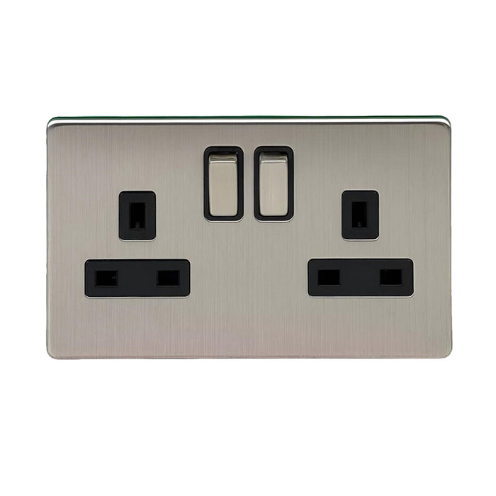 Caradok 13A 2G DP Switched Metal Socket Brushed Chrome - Black Inserts