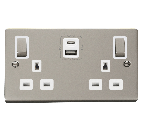 Scolmore VPPN586WH - 13A 2G Ingot Switched Socket With 4.2A A and C USB