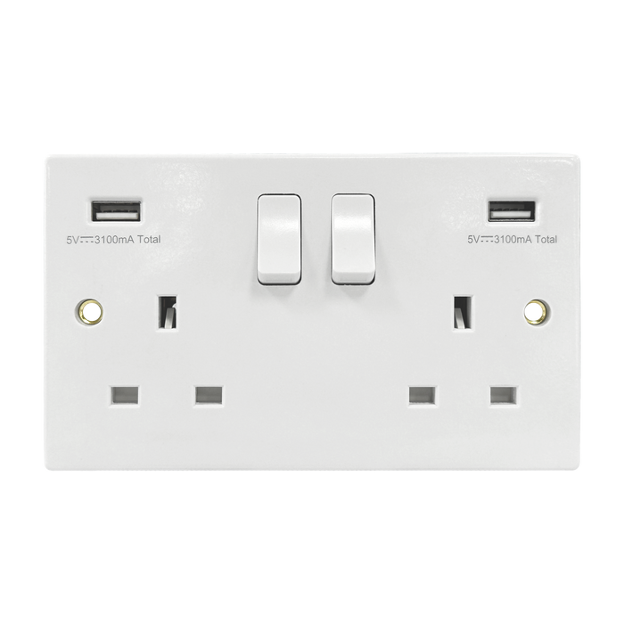 Caradok 2G 13A Switched Socket 2 USB A Squared Edge