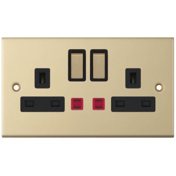 Selectric 5M Satin Brass 2 Gang 13A DP Switched Socket with Neon and Black Insert