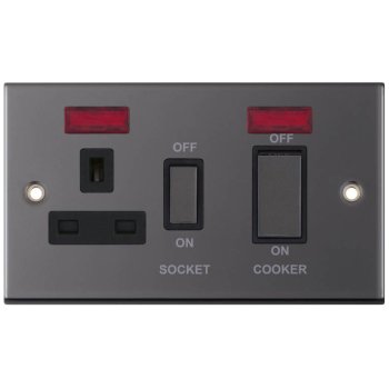 Selectric 5M Black Nickel 45A DP Switch and 13A Switched Socket with Neon and Black Insert