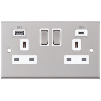 Selectric 7M-Pro Satin Chrome 2 Gang 13A Switched Socket with USB C and A Outlets - White Insert