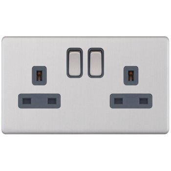 Selectric 5M-Plus Screwless Satin Chrome 2 Gang 13A DP Switched Socket with Grey Insert