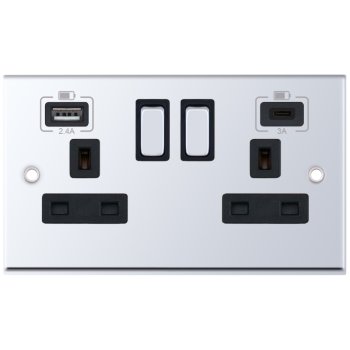 Selectric 7M-Pro Polished Chrome 2 Gang 13A Switched Socket with USB C and A Outlets - Black Insert