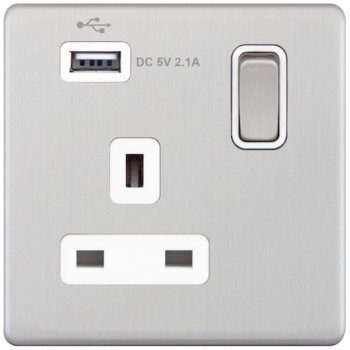 Selectric 5M-Plus Satin Chrome 1 Gang 13A Switched Socket with USB Outlet and White Insert