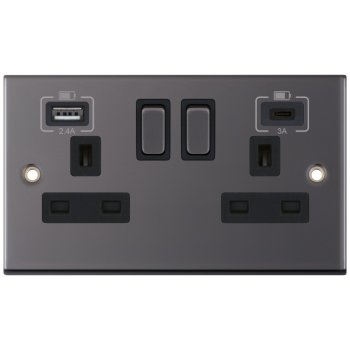 Selectric 5M Black Nickel 2 Gang 13A Switched Socket with USB C and A Outlets - Black Insert