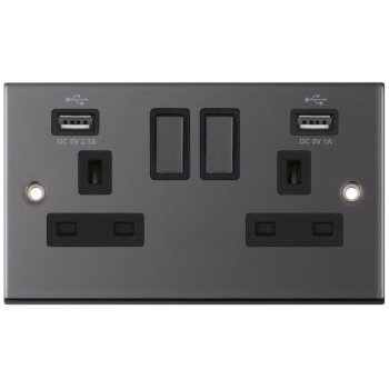 Selectric 5M Black Nickel 2 Gang 13A Switched Socket with USB Outlet and Black Insert