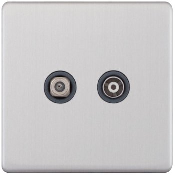 Selectric 5M-Plus Screwless Satin Chrome 2 Gang Satellite and TV/FM Socket with Grey Insert