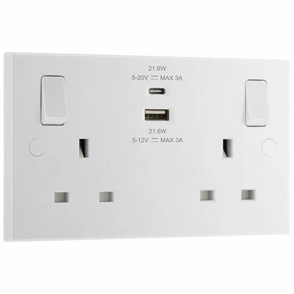 BG Nexus 922UAC22 13A 2G Switched Socket With USB Charger - White