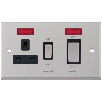Selectric 7M-Pro Satin Chrome 45A DP Switch and 13A Switched Socket with Neon and Black Insert