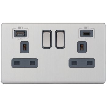 Selectric 5M-Plus Satin Chrome 2 Gang 13A Switched Socket with USB C and A Outlets - Grey Insert