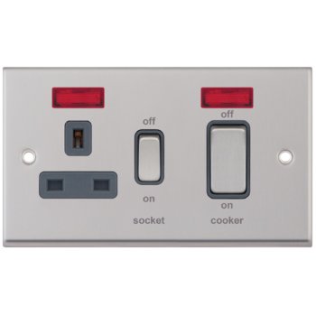 Selectric 7M-Pro Satin Chrome 45A DP Switch and 13A Switched Socket with Neon and Grey Insert